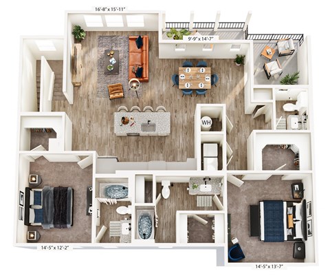 A floor plan of a house with a living room, dining room, kitchen, and bathrooms.